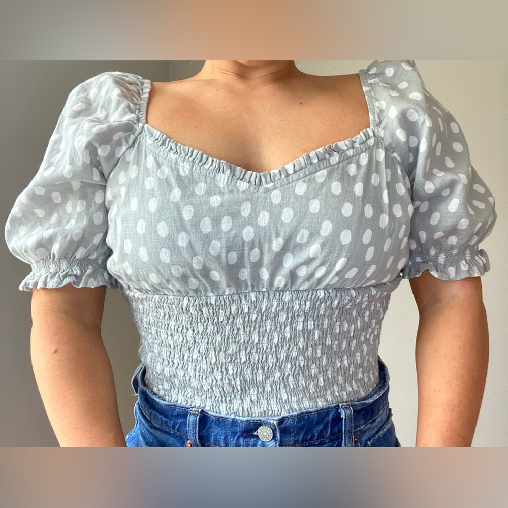 Abercrombie ruched blouse green and white polka dots with matching scrunchy